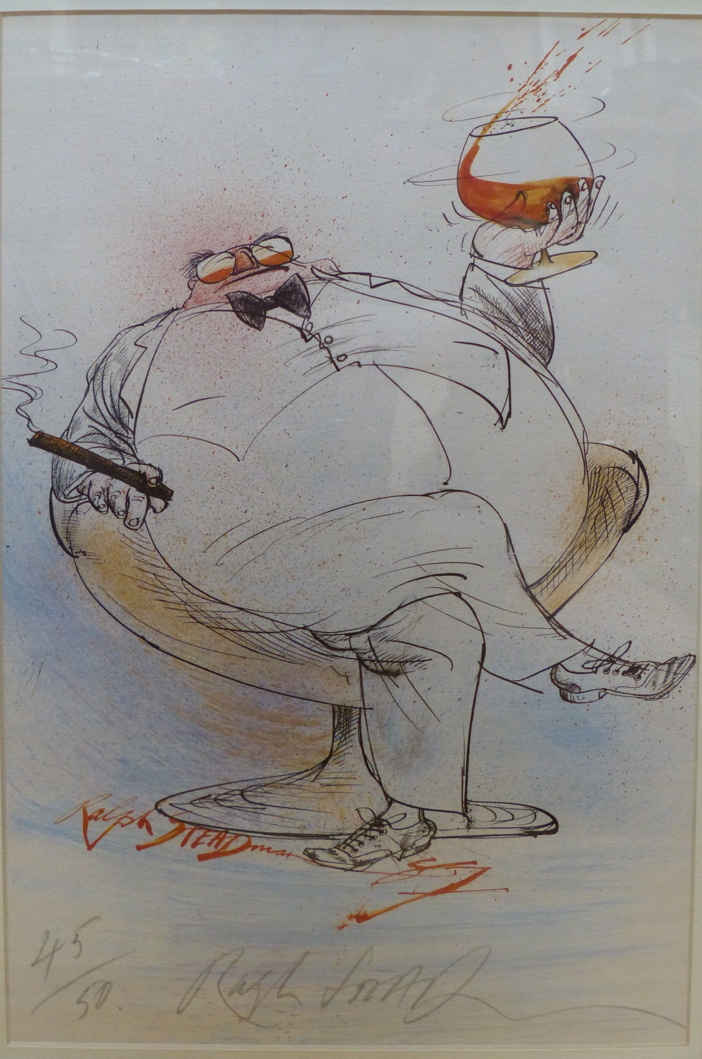 Ralph Steadman, (b.1936), limited edition print, Bon Viveur ' Reclining seated man with cigar and whiskey', signed in pencil, 45/50, 36 x 24cm